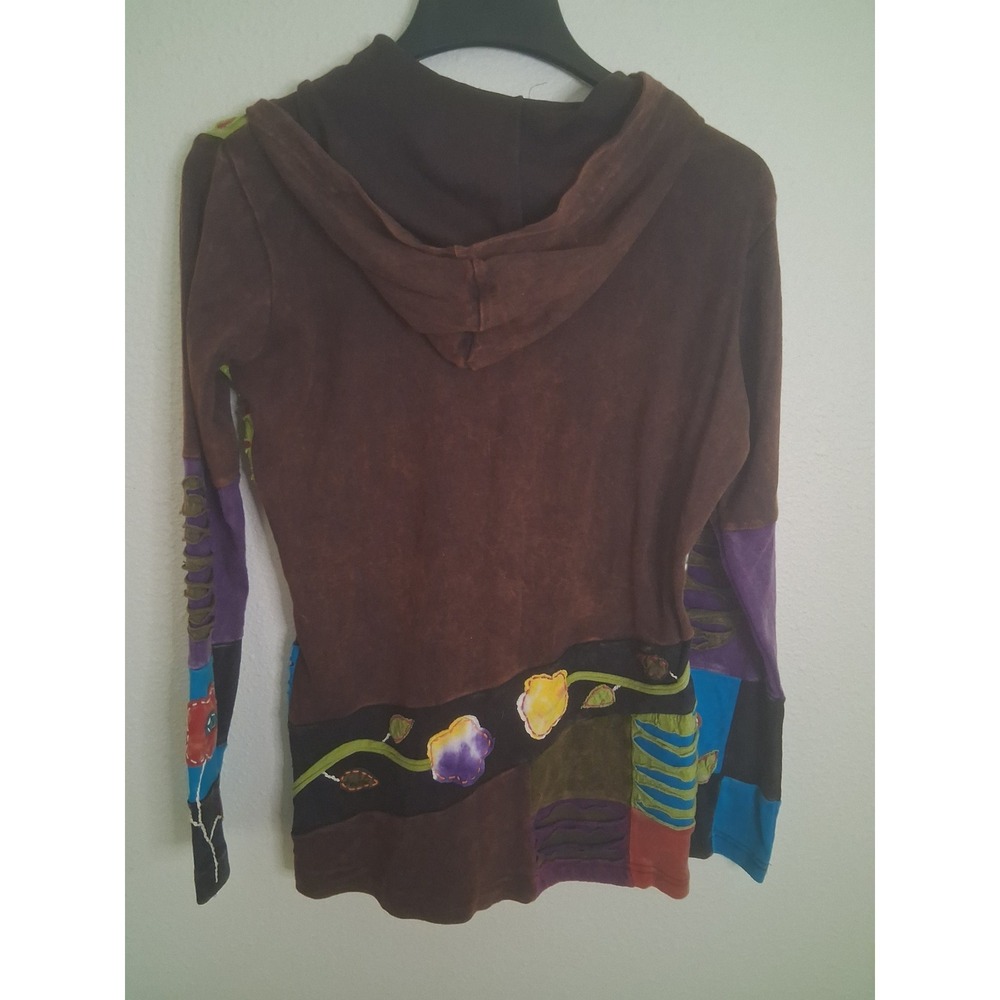 Rising International Patchwork Floral Razor Cut Hoodie Brown Cotton Jacket S - Picture 4 of 7